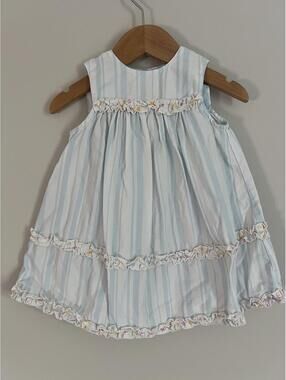 Vintage Y2K Blue/White Stripe Ruffle Trim Dress, 12 Months